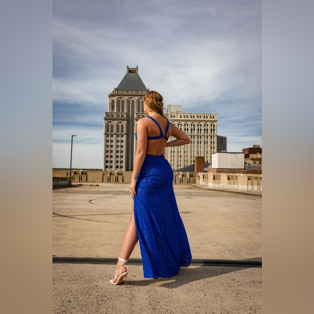 Sparkly Blue Open Back V-Neck Prom Gown